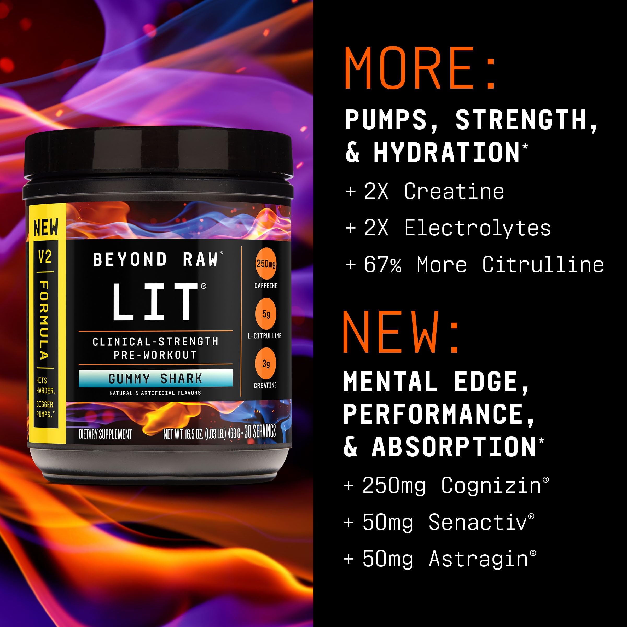 BEYOND RAW LIT V2 Clinical Strength Pre Workout Powder, Hits Harder, Bigger Pumps, Caffeine, L-Citrulline, Creatine, Gummy Shark, 30 Servings - Image 4